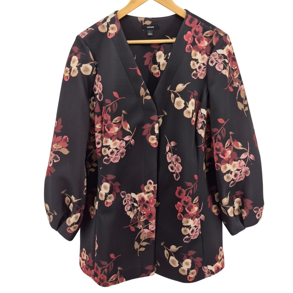Alfani Black Floral Print V Neck 3/4 Sleeve Jacket Blazer Womens Size L Workwear